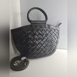 Patricia Nash Ossi Leather Woven Front Tote Bag Satchel Dark Green EUC